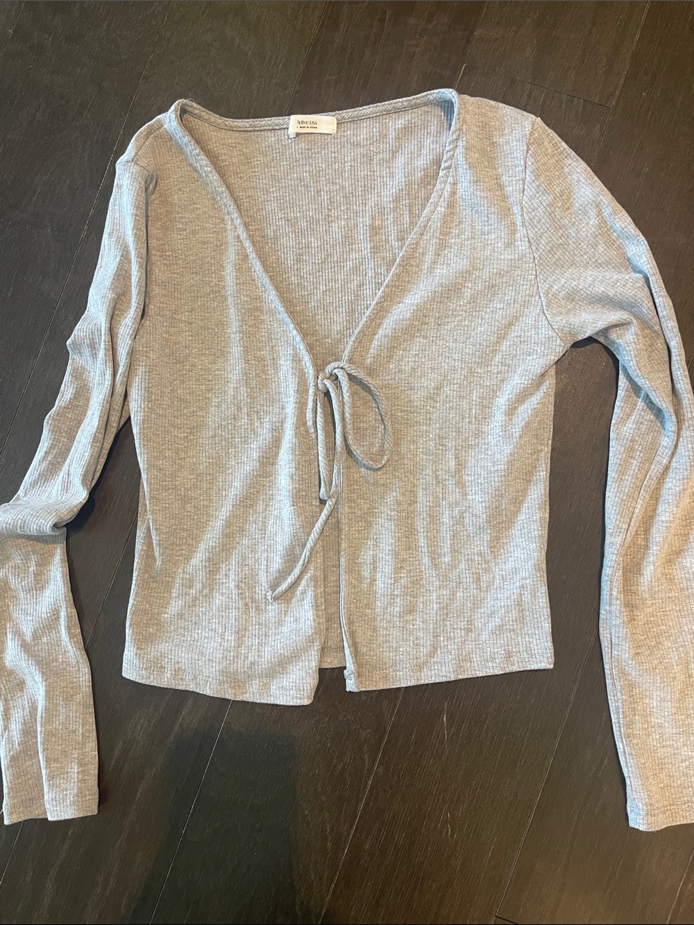 Tie-Front Ribbed Long Sleeve Top in Light Gray